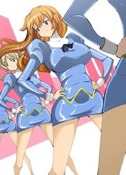  4girls agent_aika aika_(series) ascot black_ascot blue_delmo blue_eyes blue_jacket blue_skirt braid breasts charlotte_e._yeager closed_mouth commentary_request cosplay covered_nipples crossover delmogeny_uniform floating_hair hands_on_own_hips jacket juliet_sleeves large_breasts legs legs_apart light_brown_hair lineup long_hair long_sleeves lynette_bishop medium_breasts multiple_girls name_john orange_hair out_of_frame pencil_skirt pose puffy_sleeves simple_background single_braid skirt smile standing strike_witches uniform v-shaped_eyebrows world_witches_series 