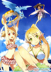  3girls absurdres animal_ears barefoot bikini bikini_skirt black_hair blonde_hair blue_sky blue_tail blue_wings braid breasts brown_hair bunbun casual_one-piece_swimsuit cat_ears cat_girl cat_tail cleavage cloud cloudy_sky creature day dragon elf fairy fairy_wings feathered_dragon feathered_wings feathers feet feet_out_of_frame fish floral_print flying green_eyes hair_between_eyes hands_on_headwear hat highres innertube leafa lolicon long_hair magic medium_breasts mini_dragon mini_person minigirl multiple_girls multiple_tails navel ocean official_art one-piece_swimsuit outdoors pina_(sao) pointy_ears ponytail purple_eyes red_eyes short_hair silica silica_(sao-alo) sky soles spread_wings stomach straw_hat swim_ring swimsuit sword_art_online tail teeth thighs toe_scrunch toes two_tails upper_teeth_only wading water white_bikini white_one-piece_swimsuit white_wings wings yui_(sao) yui_(sao-alo) 