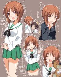  2girls :d :o akiyama_yukari animal_ears bandages black_neckerchief blouse blue_jacket boko_(girls_und_panzer) brown_eyes brown_hair commentary cropped_legs cropped_torso dog_ears dog_tail flying_sweatdrops frown girls_und_panzer green_skirt hand_on_own_chin headpat hidejiu holding holding_stuffed_toy interlocked_fingers jacket kemonomimi_mode long_sleeves looking_at_viewer messy_hair military military_uniform miniskirt motion_blur motion_lines multiple_girls neckerchief nishizumi_miho ooarai_military_uniform ooarai_school_uniform open_mouth own_hands_together pleated_skirt school_uniform serafuku shirt short_hair skirt smile standing stuffed_animal stuffed_toy sweatdrop tail tail_wagging teddy_bear translated uniform white_shirt 