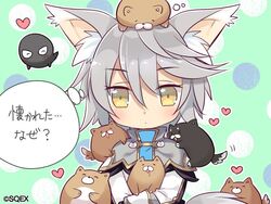  &gt;_&lt; animal animal_ear_fluff animal_ears animal_on_head animal_on_shoulder blush canine closed_eyes commentary dog_on_head eco_(petticoat) female grey_hair heart holding holding_animal multiple_dogs official_art on_head pop-up_story rita_drake short_hair solo st._feles_gakuen_uniform tail thought_bubble too_many too_many_dogs translated wolf_ears wolf_girl wolf_tail yellow_eyes 