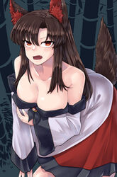  absurdres animal_ears bamboo bamboo_forest breasts brooch brown_hair commentary_request female forest highres imaizumi_kagerou jewelry large_breasts long_hair looking_at_viewer nature oerba_yun_fang open_mouth outdoors red_eyes solo sweat tail toluda touhou wolf_ears wolf_tail 