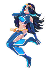  bad_id bad_pixiv_id big_hair black_hair blue_eyes blue_hair crop_top female goggles goggles_on_head hair_over_one_eye highres holding holding_poke_ball long_hair makeup midriff motsi multicolored_hair navel photoshop_(medium) poke_ball pokemon pokemon_oras shelly_(pokemon) smile solo team_aqua team_aqua_uniform two-tone_hair 