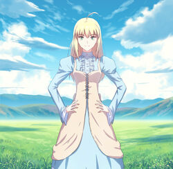  ahoge alternate_costume artoria_pendragon_(fate) blonde_hair blue_sky casual cloud commentary_request day fate/stay_night fate_(series) fateline_alpha female field grassy green_eyes hair_between_eyes hands_on_own_hips highres juliet_sleeves long_hair long_sleeves mountain official_alternate_costume outdoors photoshop_(medium) puffy_sleeves saber_(fate) scenery sky smile solo wide_sleeves 