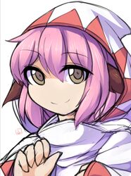  animal_ears blush brown_eyes cloak commentary_request cosplay female final_fantasy fun_bo hood hooded_cloak looking_at_viewer mystia_lorelei pink_hair short_hair smile solo touhou upper_body white_mage_(final_fantasy) white_mage_(final_fantasy)_(cosplay) 