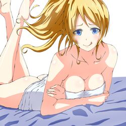  :q arm_support ass ayase_eli bad_id bad_pixiv_id barefoot bed_sheet blonde_hair blue_eyes blush breasts cleavage crossed_arms feet_up female highres licking_lips long_hair love_live! love_live!_school_idol_project lying mebi_il medium_breasts naked_towel on_stomach ponytail solo the_pose tongue tongue_out towel white_background 