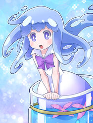  :d artist_name blue_eyes blue_hair blush bow bowtie commentary_request dress female flower glass gradient_background hakkatou in_container jar leaning_forward liquid_hair long_hair looking_away merc_(merc_storia) merc_storia mini_person minigirl no_nose open_mouth partial_commentary partially_submerged shiny_skin sleeveless sleeveless_dress smile solo very_long_hair water 