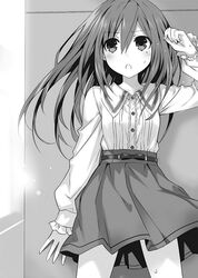  against_wall alternate_hairstyle arm_up blush bow closed_eyes collarbone cowboy_shot date_a_live dress_shirt female floating_hair greyscale hairbow highres long_hair monochrome novel_illustration official_art open_mouth photoshop_(medium) shirt skirt solo standing sweatdrop takamiya_mana tsunako 