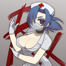  blue_hair breasts choker cleavage commentary_request female gloves hair_over_one_eye hat highres large_breasts mask mouth_mask nurse nurse_cap oza_watto red_eyes skullgirls solo surgical_mask valentine_(skullgirls) white_gloves 