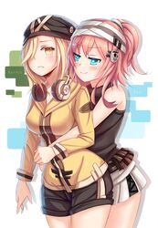  2girls bad_id bad_pixiv_id blonde_hair blue_eyes breasts brown_eyes curvy fashion hair_over_one_eye headphones highres hug hug_from_behind medium_breasts multiple_girls original parted_lips pink_hair sekigan short_hair shorts smile yuri 