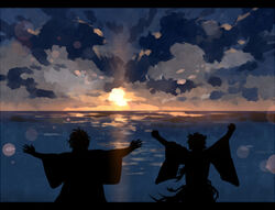  2boys blurry bokeh cloud commentary_request crossover depth_of_field from_behind getiao japanese_clothes jin_(manga) letterboxed male_focus multiple_boys mutsu-no-kami_yoshiyuki outdoors sakamoto_ryouma_(jin) silhouette sky sunset touken_ranbu water 