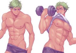  1boy abs clothes_in_mouth clothes_lift commentary dark-skinned_male dark_skin ear_piercing exercising green_hair groin king_of_prism king_of_prism_by_prettyrhythm male_focus mouth_hold multicolored_hair navel nipples pectorals piercing pretty_rhythm pretty_series purple_eyes shirt_in_mouth shirt_lift simple_background solo symbol-only_commentary topless_male toroi_(run01211) two-tone_hair weightlifting white_background yamato_alexander 