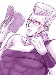  1boy bad_id bad_pixiv_id bespectacled book cheekbones flattop glasses jean_pierre_polnareff jojo_no_kimyou_na_bouken male_focus miyabi_(run) reading red-framed_eyewear solo tall_hair 