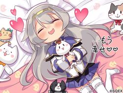  blush closed_eyes commentary eco_(petticoat) feline female grey_hair hairband heart lucille_aleister official_art open_mouth pleated_skirt pop-up_story skirt solo st._feles_gakuen_uniform stuffed_animal stuffed_cat stuffed_toy thighhighs translated wavy_mouth white_thighhighs 