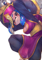  animal_print arms_up bad_id bad_pixiv_id black_pants blue_hair blunt_bangs blush_stickers breasts brown_eyes chinese_clothes claw_(weapon) cleavage_cutout clothing_cutout cosplay female hat head_tilt highres inkling_girl inkling_player_character jiangshi kashu_(hizake) leg_up lei_lei lei_lei_(cosplay) long_sleeves looking_at_viewer medium_breasts medium_hair ofuda pants parted_lips pink_hat qingdai_guanmao see-through shoes sidelocks signature simple_background smile solo splatoon_(series) standing standing_on_one_leg tentacle_hair vampire_(game) weapon white_background wide_sleeves 