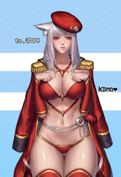  absurdres animal_ears artist_name ass_visible_through_thighs bad_id bad_pixiv_id beret bikini blunt_bangs breasts closed_mouth commentary_request commission detached_sleeves dungeon_and_fighter epaulettes female hands_on_own_breasts hat highres jacket jacket_on_shoulders kidmo korean_commentary korean_text large_breasts light_smile lips long_hair looking_at_viewer navel nose photoshop_(medium) red_bikini red_eyes solo swimsuit tgurneu thighs very_long_hair white_hair 