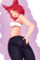  1girls animal_ears ass ass_grab ayatori blush breasts cat_eyes egirl eyelashes eyeshadow fangs female fox_girl from_behind hair_over_one_eye league_of_legends leggings long_hair looking_at_viewer pale_skin red_hair red_lipstick slim sports_bra tight_clothing vastaya viewed_from_below xayah yellow_eyes yoga_pants 