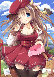  ;q animal_ears bad_id bad_pixiv_id bag bell black_thighhighs blonde_hair blue_eyes blue_sky blush breasts cleavage cloud collar commentary_request day dress female flying_sweatdrops food food_on_face hat horns incoming_letter large_breasts letter licking_lips long_hair long_sleeves love_letter moe2016 neck_bell one_eye_closed original red_dress sky smile solo thighhighs tongue tongue_out torn_letter uguisu_mochi_(ykss35) very_long_hair zettai_ryouiki 