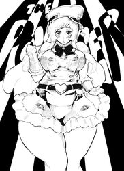  bleach blush dress female fukuitakumi gloves greyscale hat heart hips long_hair looking_at_viewer meninas_mcallon military military_uniform monochrome peaked_cap quincy_(bleach) solo uniform 