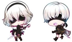  1boy 2b_(nier:automata) 9s_(nier:automata) black_blindfold black_dress black_hairband blindfold boots chibi cleavage_cutout clothing_cutout commentary_request covered_eyes dress feather-trimmed_sleeves female gloves hairband long_sleeves mole mole_under_mouth nier:automata nier_(series) sebychu short_hair sword thigh_boots thighhighs weapon white_hair 