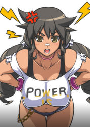  anger_vein bare_shoulders black_hair blush breasts brown_eyes cleavage collarbone commentary_request covered_nipples denim denim_shorts female hands_on_own_hips large_breasts long_hair looking_at_viewer micro_shorts navel otoo_(izanagi) red_king_(ultra_series) short_shorts shorts solo ultra_kaijuu_gijinka_keikaku ultra_series very_long_hair 