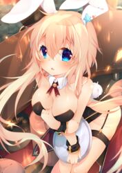  animal_ears blonde_hair blue_eyes breasts bunny_ears bunny_tail bunnysuit cleavage detached_collar kazato_fuuchi large_breasts long_hair moe2016 original ribbon solo tail thighhighs tray wrist_cuffs 