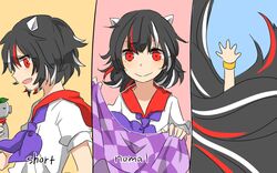  alternate_hair_length alternate_hairstyle bad_id bad_pixiv_id black_hair cone_horns english_text falling female horns impossible_spell_card kijin_seija long_hair misha_(hoongju) multicolored_hair multiple_views oerba_yun_fang open_mouth red_eyes red_hair short_hair small_horns smile streaked_hair touhou white_hair white_horns wristband 