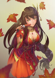  autumn_leaves black_hair black_light breasts cleavage commentary female hair_ornament jewelry large_breasts long_hair necklace quiver solo yellow_eyes 