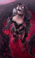  animal_ears armor blood blood_splatter blue_eyes boots breasts cleavage commentary_request dripping female from_above fujiwara_hisashi fur_trim gauntlets highres jpeg_artifacts large_breasts lips md5_mismatch monster_hunter_(character) monster_hunter_(series) monster_hunter_3_g photoshop_(medium) smile solo stygian_zinogre_(armor) white_hair zinogre_(armor) 