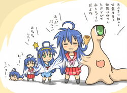  4girls a01-isumi1013 blue_hair blue_sailor_collar commentary_request cosplay green_eyes hairband hirano_aya izumi_konata kiseijuu kita_high_school_uniform long_hair lucky_star migi mole mole_under_eye multiple_girls multiple_persona neckerchief one-eyed pink_neckerchief ryouou_school_uniform sailor_collar school_uniform serafuku suzumiya_haruhi suzumiya_haruhi_(cosplay) suzumiya_haruhi_no_yuuutsu translated voice_actor_connection what winter_uniform 