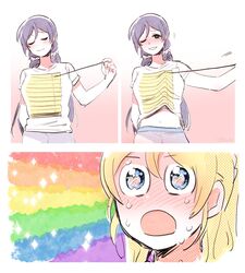  2girls :o absurdres ayase_eli bad_id bad_twitter_id blinds_shirt blonde_hair blue_eyes blush breasts colorful commentary eye_focus eye_reflection green_eyes heaven_condition highres korean_commentary long_hair looking_at_viewer love_live! love_live!_school_idol_project medium_breasts midriff multiple_girls navel one_breast_out one_eye_closed open_mouth pito_(sh02327) ponytail purple_hair rainbow rainbow_background reflection scrunchie shirt smile sparkle sweat t-shirt tears teasing tojo_nozomi twintails underboob upper_body wide-eyed yuri 