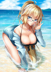  absurdres adjusting_eyewear aqua_jacket arm_support bad_anatomy bad_id bad_pixiv_id bare_legs bare_shoulders barefoot bikini black-framed_eyewear black_bikini blonde_hair blue_eyes blue_sky breasts cleavage cloud cloudy_sky commentary_request covered_nipples day dolphin_pendant drawstring fate/grand_order fate_(series) female front-tie_bikini_top front-tie_top full_body glasses half-closed_eyes hand_up head_tilt high_ponytail highres hood hooded_jacket horizon jacket jeanne_d&#039;arc_(fate) jeanne_d&#039;arc_(swimsuit_archer)_(fate) jewelry large_breasts long_hair long_sleeves looking_at_viewer necklace open_clothes open_jacket outdoors photoshop_(medium) rai_(newtype_xm-x1) sky solo swimsuit toenails tsurime very_long_hair wet wet_hair 