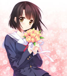  black_hair blush bouquet brown_eyes buttons carnelian collarbone crocus_(flower) female floral_background flower holding holding_bouquet katou_megumi long_sleeves looking_at_viewer looking_to_the_side own_hands_together parted_lips ribbon saenai_heroine_no_sodatekata sailor_collar school_uniform serafuku short_hair solo upper_body white_sailor_collar yellow_flower 