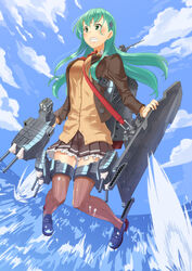  aqua_eyes aqua_hair bad_id bad_pixiv_id brown_legwear cannon cardigan cloud day female flight_deck fujimo_ruru highres kantai_collection long_hair machinery remodel_(kantai_collection) school_uniform solo suzuya_(kancolle) teeth turret water 