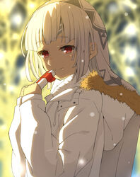  altera_(fate) altera_(sweet_crystal)_(fate) blurry blush closed_mouth coat commentary_request dark-skinned_female dark_skin depth_of_field fate/extella fate/extra fate/grand_order fate_(series) female from_side fur_coat gift hands_up highres holding holding_gift light_smile long_hair looking_at_viewer red_eyes shiime smile snow solo upper_body white_hair 