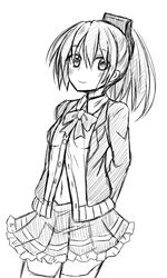  arms_behind_back blazer bow commentary_request cosplay female frills greyscale hair_over_one_eye ichimi jacket kantai_collection kumano_(kancolle) long_hair monochrome navel photoshop_(medium) ponytail skirt smile solo suzuya_(kancolle) suzuya_(kancolle)_(cosplay) suzuya_kai_ni_(kancolle) suzuya_kai_ni_(kancolle)_(cosplay) thighhighs 