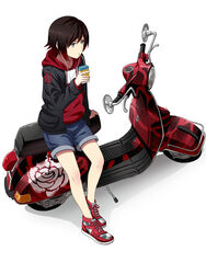  absurdres bad_id bad_pixiv_id black_hair casual earphones female gradient_hair grey_eyes highres juice_box kurohane motor_vehicle multicolored_hair on_scooter photoshop_(medium) red_hair ruby_rose rwby scooter short_hair solo two-tone_hair vespa_p-series 