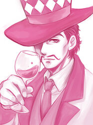  1boy alcohol bad_id bad_pixiv_id cup drinking_glass facial_hair hat jojo_no_kimyou_na_bouken male_focus miyabi_(run) monochrome moustache phantom_blood solo top_hat will_anthonio_zeppeli wine wine_glass 