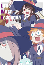  3girls :d ;d aqua_eyes blonde_hair broom brown_hair commentary_request copyright_name expressionless freckles glasses hair_over_one_eye hat holding holding_broom kagari_atsuko kneehighs little_witch_academia long_hair lotte_jansson multiple_girls one_eye_closed open_mouth pale_skin red_eyes shiime short_hair skull smile socks sucy_manbavaran teeth witch witch_hat 