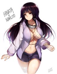  artist_name black_hair breasts character_name chromatic_aberration commentary copyright_name dated female fishnets highres hyuuga_hinata jacket large_breasts long_hair mukka naruto naruto_(series) navel open_clothes open_jacket short_shorts shorts solo white_eyes wrist_wrap 