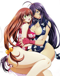  2girls absurdres ahoge breasts brown_hair cleavage cleavage_cutout clothing_cutout fingerless_gloves glasses gloves green_eyes hair_bobbles hair_ornament hair_over_one_eye highres ikkitousen kan&#039;u_unchou large_breasts long_hair looking_at_viewer low-tied_long_hair multiple_girls open_mouth purple_hair red_gloves rin-sin ryuubi_gentoku simple_background white_background 