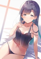  bad_id bad_twitter_id bare_legs bed bed_sheet black_camisole black_panties blunt_bangs blush breasts breasts_apart brown_hair camisole cleavage female grey_eyes groin hand_on_own_chest idolmaster idolmaster_cinderella_girls kobayakawa_sae long_hair looking_at_viewer lowleg lowleg_panties medium_breasts navel on_bed panties simple_background sitting smile spaghetti_strap straight_hair strap_slip ultone_(neisiss) underwear underwear_only 