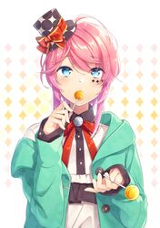  1boy amemura_ramuda androgynous aqua_hoodie bad_id bad_pixiv_id blue_eyes blush bow candy collared_shirt commentary_request facial_mark food hair_between_eyes hat hat_bow hat_ribbon head_tilt holding holding_candy holding_food holding_lollipop hood hood_down hoodie hypnosis_mic levka lollipop long_hair long_sleeves looking_at_viewer male_focus mini_hat mini_top_hat off_shoulder open_clothes open_hoodie pink_hair red_bow red_ribbon ribbon shirt sleeves_past_wrists solo top_hat white_background white_shirt 