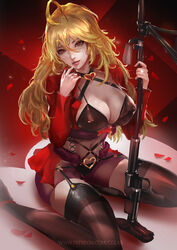  ahoge bikini bikini_top_only black_bikini blonde_hair bodysuit breasts brown_eyes cglas cleavage commentary covered_navel covered_nipples female finger_to_mouth garter_straps girls&#039;_frontline gun hair_between_eyes heart heart_necklace highres holding holding_gun holding_weapon jacket jewelry large_breasts long_hair necklace official_alternate_costume parted_lips photoshop_(medium) ptrd_(girls&#039;_frontline) ptrd_(romantic_mission)_(girls&#039;_frontline) red_jacket rifle ring see-through sitting solo swimsuit thighhighs wariza weapon 