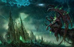  1boy building chains cloud dark demon_hunter_(warcraft) elf green_theme highres illidan_stormrage magic male_focus night_elf_(warcraft) pointy_ears rain signature solo warcraft water wei wings world_of_warcraft 