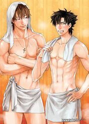  2boys black_eyes black_hair brown_eyes brown_hair commentary_request cross cross_necklace emiya_kiritsugu facial_hair fate/zero fate_(series) jewelry katekari_yuusuke kotomine_kirei multiple_boys necklace photoshop_(medium) sauna stubble sweat topless_male towel towel_around_neck towel_on_head 