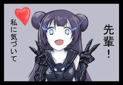  abyssal_ship animated animated blue_eyes commentary dmt_(auburn) double_bun dress female gauntlets hair_bun kantai_collection light_cruiser_oni long_hair looking_at_viewer purple_hair sailor_dress smile solo translated v victory_pose 