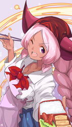  ;d apron bandana bento braid breasts chopsticks cleavage colored_skin commentary_request dark-skinned_female dark_skin female food food_art from_above gochiwa hathor_(p&amp;d) highres horns large_breasts long_hair lunchbox neckerchief omelet one_eye_closed open_mouth pink_hair pleated_skirt purple_skin puzzle_&amp;_dragons rice school_uniform skirt smile solo tako-san_wiener tamagoyaki twin_braids very_long_hair 