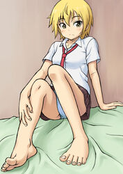  aiura barefoot blonde_hair blue_panties commentary_request feet female iwasawa_saki kasanui legs md5_mismatch necktie panties short_hair sitting skirt solo toes underwear yellow_eyes 