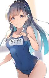  bad_id bad_twitter_id bare_arms bare_legs blue_one-piece_swimsuit blunt_bangs blush breasts brown_hair cleavage female flower grey_eyes groin hair_flower hair_ornament hand_on_own_chest hand_up high_ponytail idolmaster idolmaster_cinderella_girls kobayakawa_sae long_hair looking_at_viewer medium_breasts name_tag navel old_school_swimsuit one-piece_swimsuit ponytail school_swimsuit sidelocks simple_background smile solo straight_hair swimsuit thighs translated ultone_(neisiss) wide_ponytail 