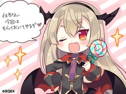  blonde_hair blush camilla_regina candy commentary eco_(petticoat) female food head_wings lollipop long_hair low_wings oerba_yun_fang official_art one_eye_closed pointy_ears pop-up_story red_eyes solo sparkle st._feles_gakuen_uniform translated vampire wings 